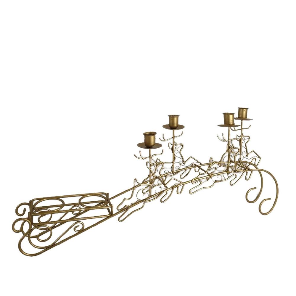 Vintage Macy's Gold Metal Wire 26"‎ Long Reindeer & Sleigh Mantle Candle Holder - Picture 2 of 6